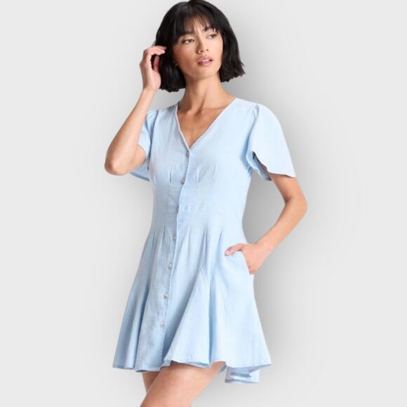 Universal Thread Medium Blue Short Sleeve V-Neck A-Line Dress Cottagecore Denim - Picture 5 of 9